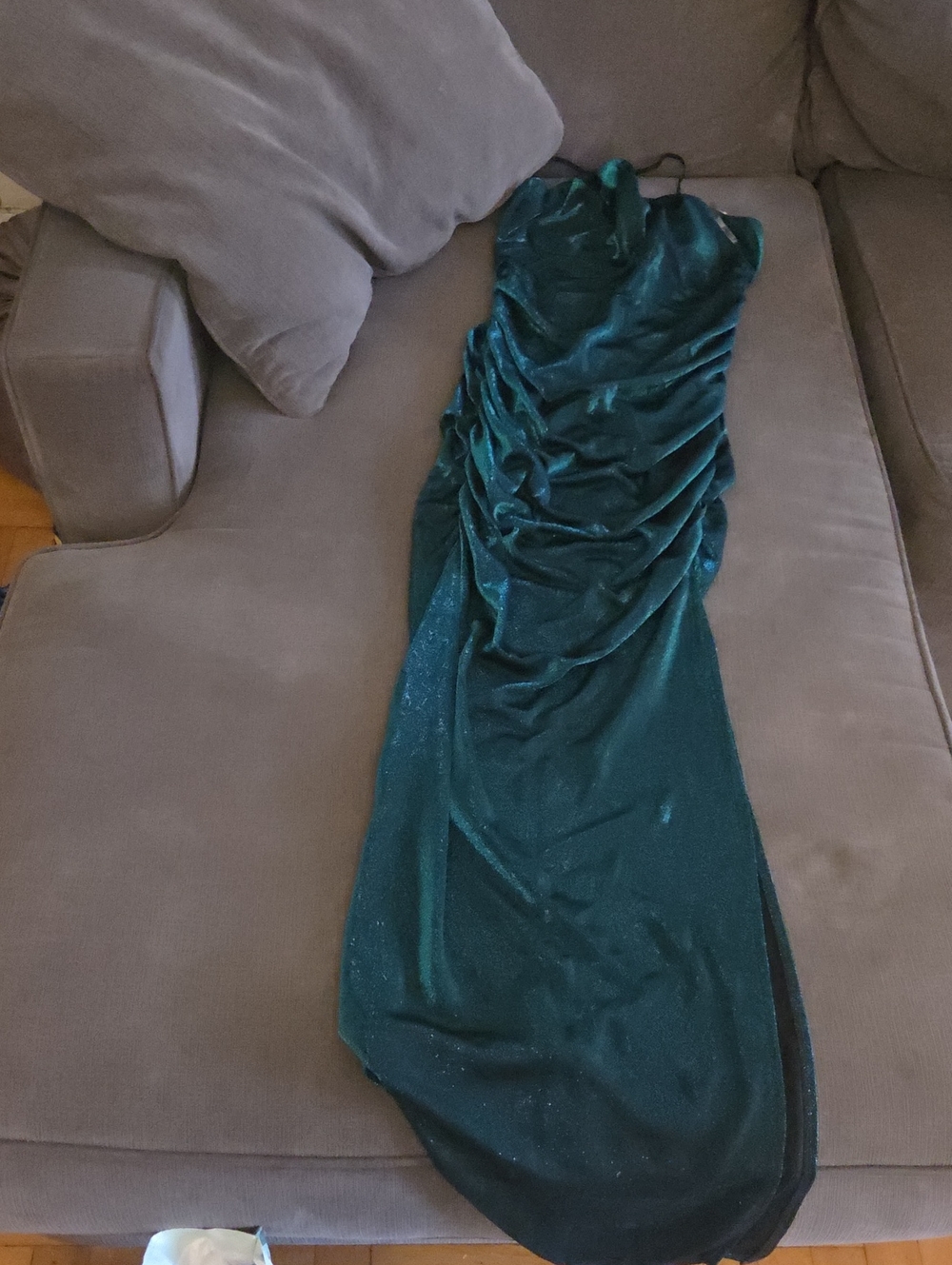 Emerald Green Shimmer Ruched Evening Gown